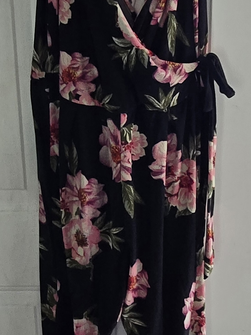 Plus Size 1X Floral Wrap Jumpsuit Black Pink Tie Waist Wide Leg